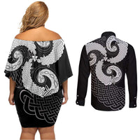 Six Celtic Countries Heritage Couples Matching Off Shoulder Short Dress and Long Sleeve Button Shirt Black Celtic Knot Triskelion - Wonder Print Shop