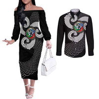 Six Celtic Countries Heritage Couples Matching Off The Shoulder Long Sleeve Dress and Long Sleeve Button Shirt Black Celtic Knot Triskelion - Wonder Print Shop