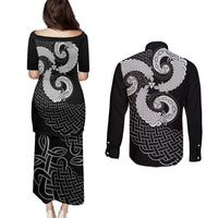 Six Celtic Countries Heritage Couples Matching Puletasi and Long Sleeve Button Shirt Black Celtic Knot Triskelion - Wonder Print Shop