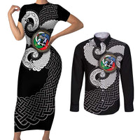 Six Celtic Countries Heritage Couples Matching Short Sleeve Bodycon Dress and Long Sleeve Button Shirt Black Celtic Knot Triskelion - Wonder Print Shop