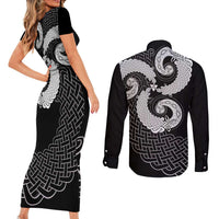 Six Celtic Countries Heritage Couples Matching Short Sleeve Bodycon Dress and Long Sleeve Button Shirt Black Celtic Knot Triskelion - Wonder Print Shop
