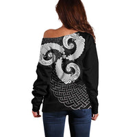 Six Celtic Countries Heritage Off Shoulder Sweater Black Celtic Knot Triskelion - Wonder Print Shop