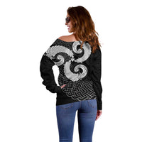 Six Celtic Countries Heritage Off Shoulder Sweater Black Celtic Knot Triskelion - Wonder Print Shop