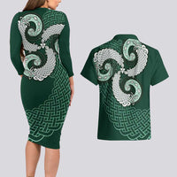 Six Celtic Countries Heritage Couples Matching Long Sleeve Bodycon Dress and Hawaiian Shirt Green Celtic Knot Triskelion - Wonder Print Shop