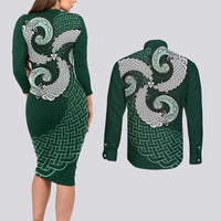 Six Celtic Countries Heritage Couples Matching Long Sleeve Bodycon Dress and Long Sleeve Button Shirt Green Celtic Knot Triskelion - Wonder Print Shop