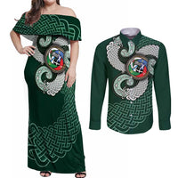 Six Celtic Countries Heritage Couples Matching Off Shoulder Maxi Dress and Long Sleeve Button Shirt Green Celtic Knot Triskelion - Wonder Print Shop