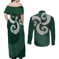 Six Celtic Countries Heritage Couples Matching Off Shoulder Maxi Dress and Long Sleeve Button Shirt Green Celtic Knot Triskelion - Wonder Print Shop