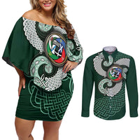 Six Celtic Countries Heritage Couples Matching Off Shoulder Short Dress and Long Sleeve Button Shirt Green Celtic Knot Triskelion - Wonder Print Shop