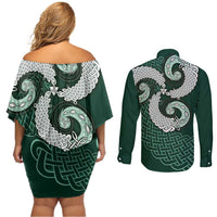 Six Celtic Countries Heritage Couples Matching Off Shoulder Short Dress and Long Sleeve Button Shirt Green Celtic Knot Triskelion - Wonder Print Shop