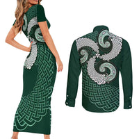 Six Celtic Countries Heritage Couples Matching Short Sleeve Bodycon Dress and Long Sleeve Button Shirt Green Celtic Knot Triskelion - Wonder Print Shop