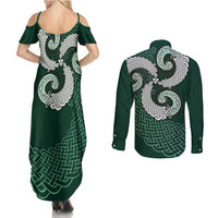 Six Celtic Countries Heritage Couples Matching Summer Maxi Dress and Long Sleeve Button Shirt Green Celtic Knot Triskelion - Wonder Print Shop