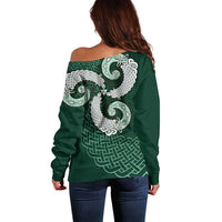Six Celtic Countries Heritage Off Shoulder Sweater Green Celtic Knot Triskelion - Wonder Print Shop