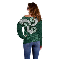 Six Celtic Countries Heritage Off Shoulder Sweater Green Celtic Knot Triskelion - Wonder Print Shop