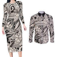 Polynesia Couples Matching Long Sleeve Bodycon Dress and Long Sleeve Button Shirt Tribal Polynesian Spirit With Beige Pacific Flowers LT9 - Wonder Print Shop