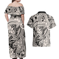 Polynesia Couples Matching Off Shoulder Maxi Dress and Hawaiian Shirt Tribal Polynesian Spirit With Beige Pacific Flowers LT9 - Wonder Print Shop
