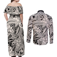 Polynesia Couples Matching Off Shoulder Maxi Dress and Long Sleeve Button Shirt Tribal Polynesian Spirit With Beige Pacific Flowers LT9 - Wonder Print Shop