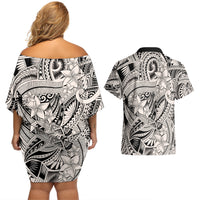 Polynesia Couples Matching Off Shoulder Short Dress and Hawaiian Shirt Tribal Polynesian Spirit With Beige Pacific Flowers LT9 - Wonder Print Shop
