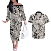 Polynesia Couples Matching Off The Shoulder Long Sleeve Dress and Hawaiian Shirt Tribal Polynesian Spirit With Beige Pacific Flowers LT9 - Wonder Print Shop