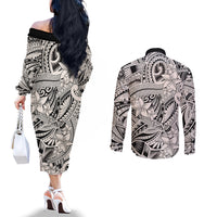 polynesia-couples-matching-off-the-shoulder-long-sleeve-dress-and-long-sleeve-button-shirt-tribal-polynesian-spirit-with-biege-pacific-flowers