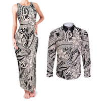 Polynesia Couples Matching Tank Maxi Dress and Long Sleeve Button Shirt Tribal Polynesian Spirit With Beige Pacific Flowers LT9 - Wonder Print Shop