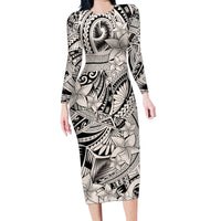 Polynesia Family Matching Long Sleeve Bodycon Dress and Hawaiian Shirt Tribal Polynesian Spirit With Beige Pacific Flowers LT9 - Wonder Print Shop