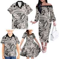 Polynesia Family Matching Off Shoulder Long Sleeve Dress and Hawaiian Shirt Tribal Polynesian Spirit With Beige Pacific Flowers - Wonder Print Shop