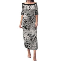 Polynesia Family Matching Puletasi Dress and Hawaiian Shirt Tribal Polynesian Spirit With Beige Pacific Flowers - Wonder Print Shop