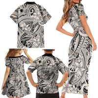 Polynesia Family Matching Short Sleeve Bodycon Dress and Hawaiian Shirt Tribal Polynesian Spirit With Beige Pacific Flowers - Wonder Print Shop