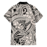 Men's Hawaiian shirt with bold black-and-white tribal artwork and floral print