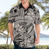Men's Hawaiian button-up shirt with black-and-white tribal pattern and hibiscus-style flowers