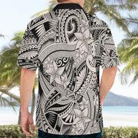 Men's Hawaiian shirt with black-and-white tribal back print and large flower cluster