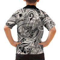 Kids' Hawaiian shirt back view with black-and-white tribal print and flower graphics