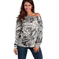 Polynesia Off Shoulder Sweater Tribal Polynesian Spirit With Beige Pacific Flowers - Wonder Print Shop