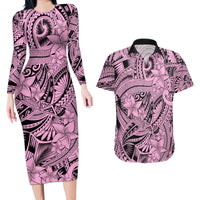Polynesia Couples Matching Long Sleeve Bodycon Dress and Hawaiian Shirt Tribal Polynesian Spirit With Pink Pacific Flowers LT9 - Wonder Print Shop