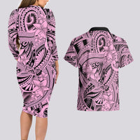 Polynesia Couples Matching Long Sleeve Bodycon Dress and Hawaiian Shirt Tribal Polynesian Spirit With Pink Pacific Flowers LT9 - Wonder Print Shop