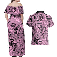 Polynesia Couples Matching Off Shoulder Maxi Dress and Hawaiian Shirt Tribal Polynesian Spirit With Pink Pacific Flowers LT9 - Wonder Print Shop