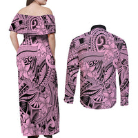Polynesia Couples Matching Off Shoulder Maxi Dress and Long Sleeve Button Shirt Tribal Polynesian Spirit With Pink Pacific Flowers LT9 - Wonder Print Shop