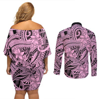 Polynesia Couples Matching Off Shoulder Short Dress and Long Sleeve Button Shirt Tribal Polynesian Spirit With Pink Pacific Flowers LT9 - Wonder Print Shop