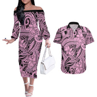Polynesia Couples Matching Off The Shoulder Long Sleeve Dress and Hawaiian Shirt Tribal Polynesian Spirit With Pink Pacific Flowers LT9 - Wonder Print Shop