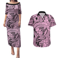 Polynesia Couples Matching Puletasi Dress and Hawaiian Shirt Tribal Polynesian Spirit With Pink Pacific Flowers LT9 - Wonder Print Shop