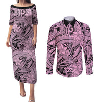 Polynesia Couples Matching Puletasi Dress and Long Sleeve Button Shirt Tribal Polynesian Spirit With Pink Pacific Flowers LT9 - Wonder Print Shop
