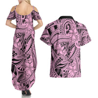 Polynesia Couples Matching Summer Maxi Dress and Hawaiian Shirt Tribal Polynesian Spirit With Pink Pacific Flowers LT9 - Wonder Print Shop