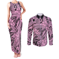 Polynesia Couples Matching Tank Maxi Dress and Long Sleeve Button Shirt Tribal Polynesian Spirit With Pink Pacific Flowers LT9 - Wonder Print Shop