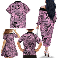 Polynesia Family Matching Off Shoulder Long Sleeve Dress and Hawaiian Shirt Tribal Polynesian Spirit With Pink Pacific Flowers - Wonder Print Shop