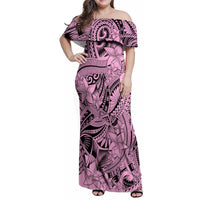 Polynesia Family Matching Off Shoulder Maxi Dress and Hawaiian Shirt Tribal Polynesian Spirit With Pink Pacific Flowers LT9 - Wonder Print Shop