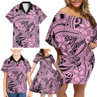 Polynesia Family Matching Off Shoulder Short Dress and Hawaiian Shirt Tribal Polynesian Spirit With Pink Pacific Flowers LT9 - Wonder Print Shop
