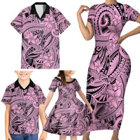 Polynesia Family Matching Short Sleeve Bodycon Dress and Hawaiian Shirt Tribal Polynesian Spirit With Pink Pacific Flowers - Wonder Print Shop