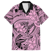 Pink and purple floral tribal Hawaiian shirt with black collar, button-front