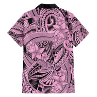 Pink and purple floral tribal Hawaiian shirt back view, short sleeves