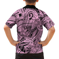 Pink and purple tribal floral Hawaiian shirt back view, short sleeves
